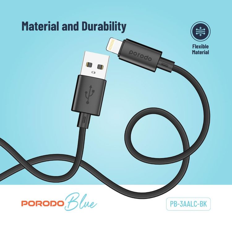 Porodo USB-A to Lightning Cable PB-3AALC-BK - 3A Fast Charge, Black