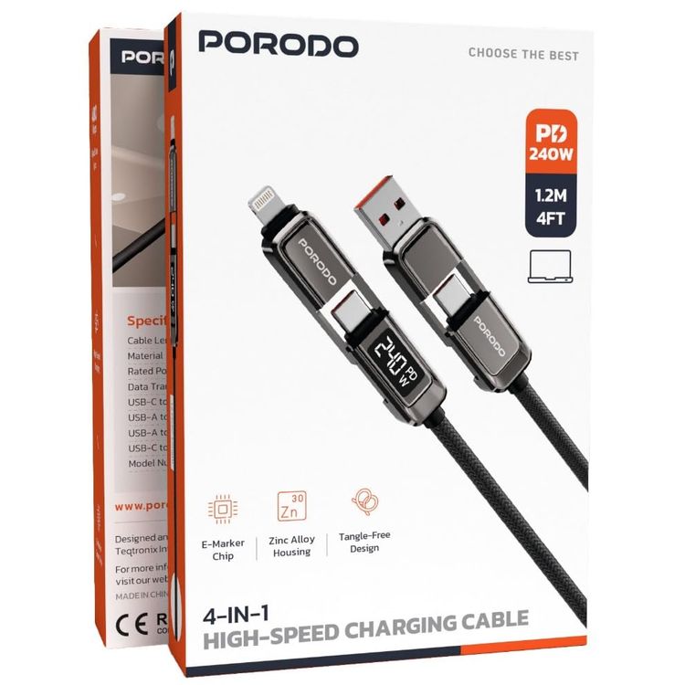 Porodo 4-in-1 Braided Cable PD240WDDGY - 240W Fast Charging, Grey