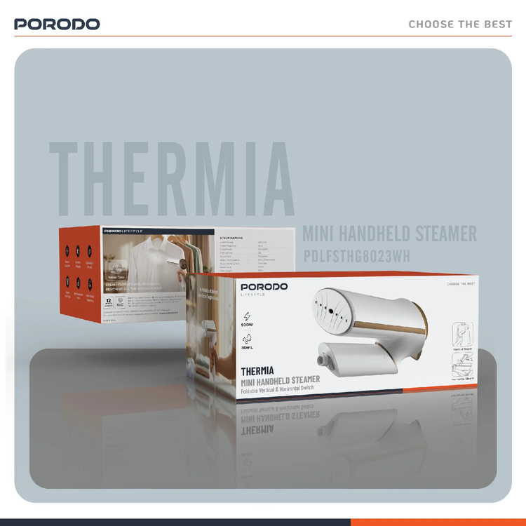 Porodo ماكينة بخار محمولة Thermia Mini PDLFSTHG8023WH - مدمجة، أبيض