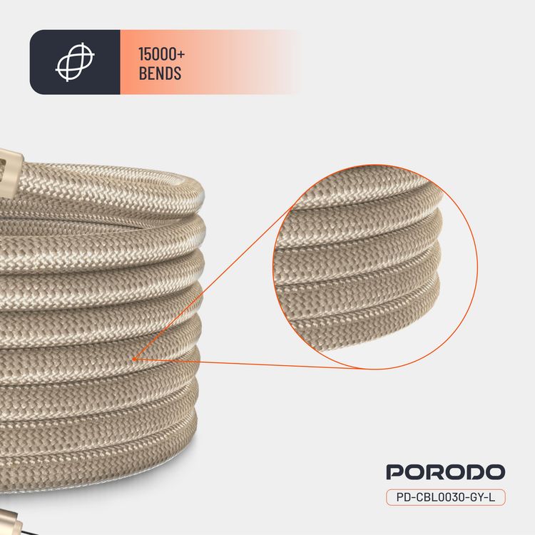 Porodo Magnetic Braided Cable PD-CBL0030-GD-L - 30W PD, Type-C to Lightning, Gold