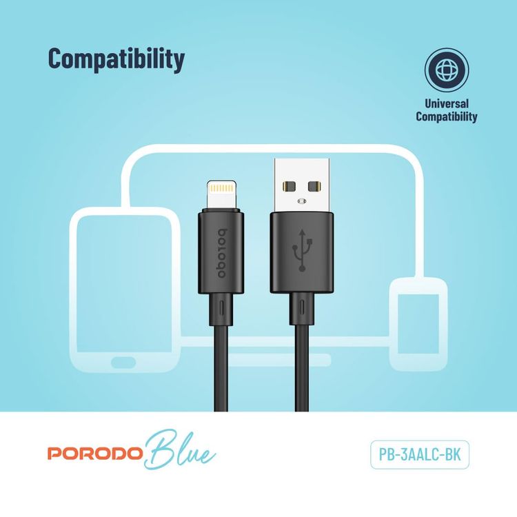 Porodo USB-A to Lightning Cable PB-3AALC-BK - 3A Fast Charge, Black