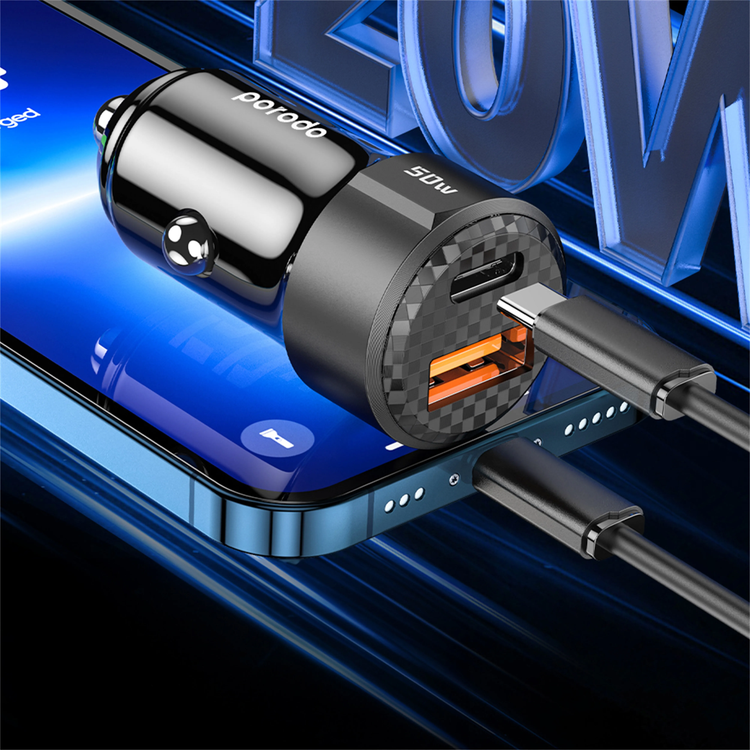 Porodo Car Charger PDCC50WBK - 50W Dual Port, Carbon Fiber Black