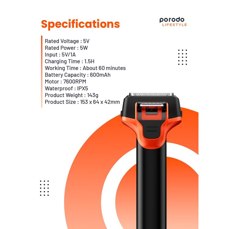 Porodo Hair Clipper PD-LSRDHC-GY - Rechargeable, Waterproof, Grey