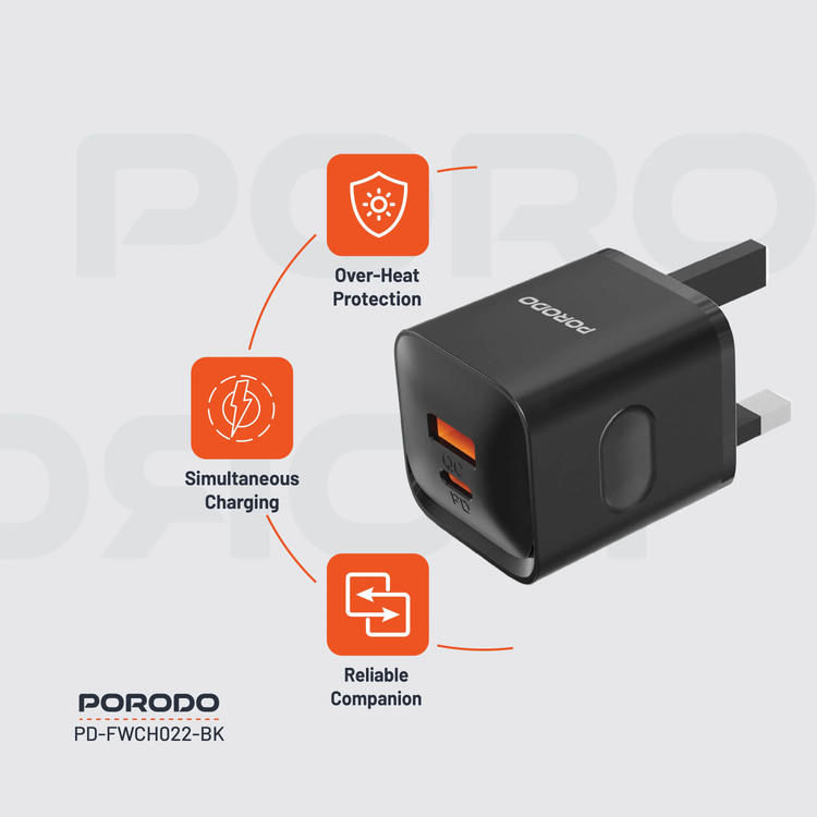 Porodo Wall Charger PDFWCH022BK - Dual Port 20W, Black