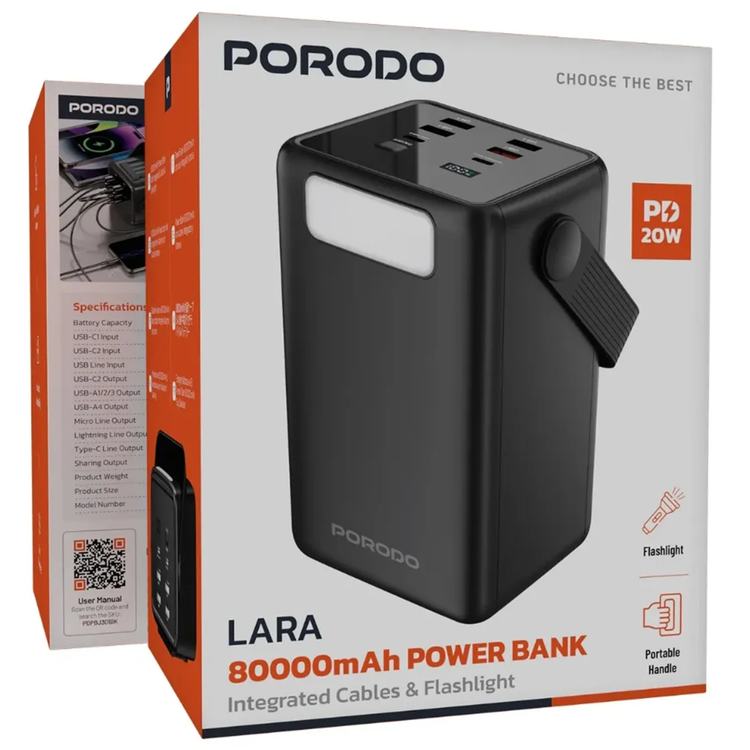 Porodo Lara 50000mAh Power Bank with Integrated Cables & Flashlight, PDPBJ281BK - Black
