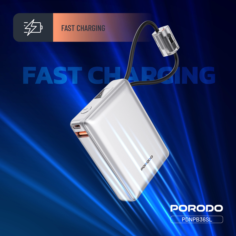 Porodo Power Bank Petite PDNPB36SL - 10000mAh, Type-C & Lightning, Silver