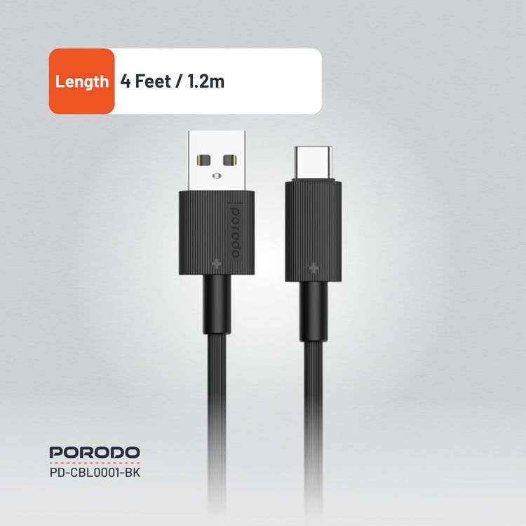 Porodo USB-A to Lightning Cable PDCBL0001BK - 3M, Fast Charging, Black