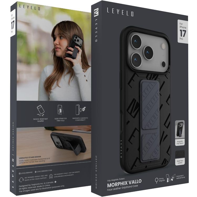 Levelo Morphix Vallo PU Leather Grip Case For iPhone 17 Pro - Charcoal Storm
