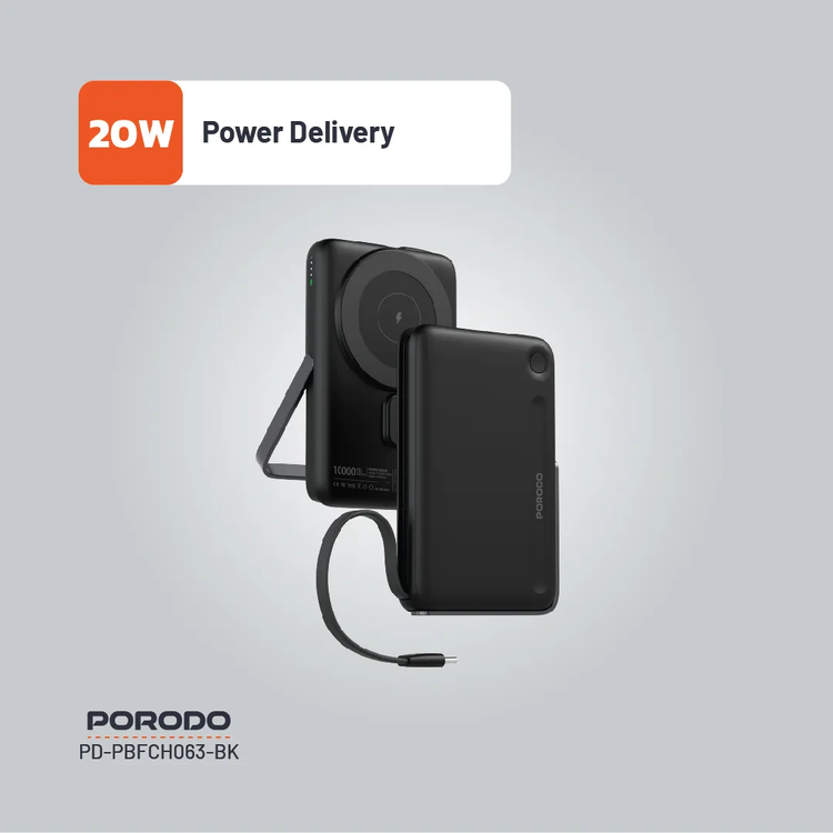 Porodo Power Bank PDPBFCH065BK 10000mAh with Type-C Stand - Black