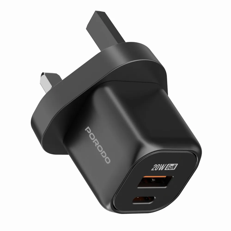 Porodo Fast Charger PD 20W USB-C & USB-A - GaN, Black