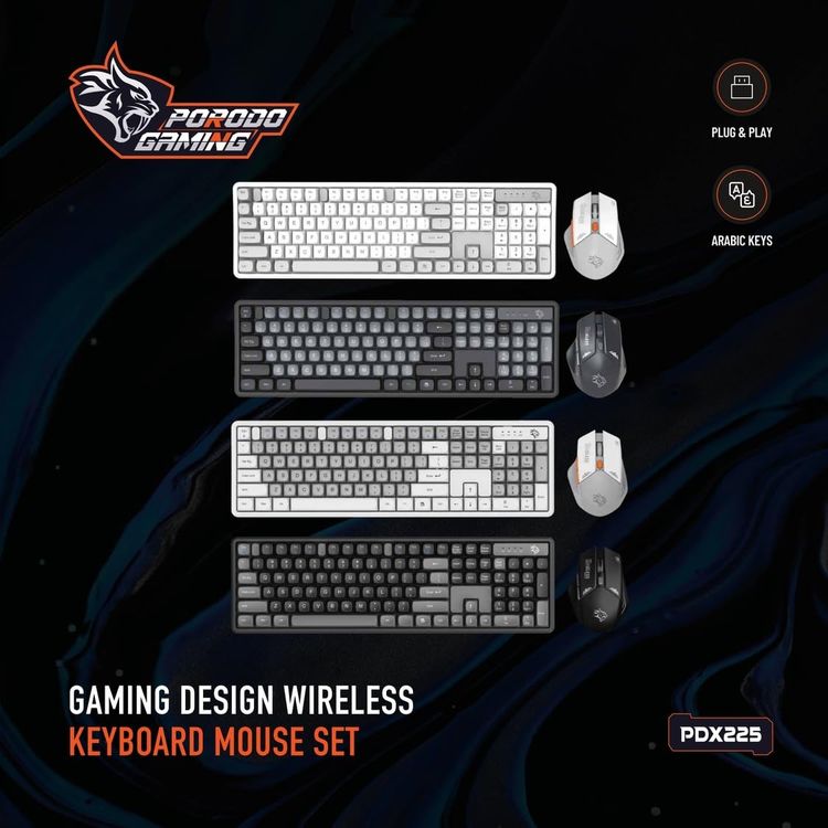 Porodo Wireless Keyboard & Mouse Set PDX225-GYB - Arabic Keys, Grey