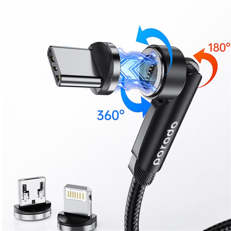 Porodo Magnetic 3in1 Braided Cable PD-31MGC-BK - Rotating Connector, Black