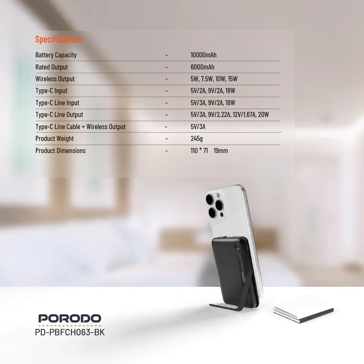 Porodo Power Bank PDPBFCH065BK 10000mAh with Type-C Stand - Black