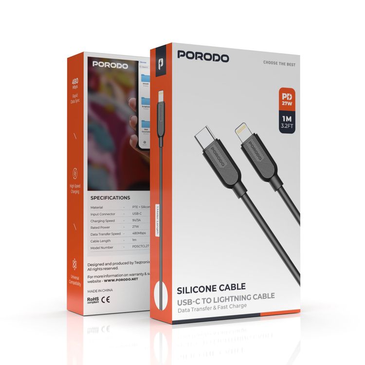 Porodo USB-C to USB-C Fast Charging Cable PDSCTCL27BK - 27W PD, 1M, Black