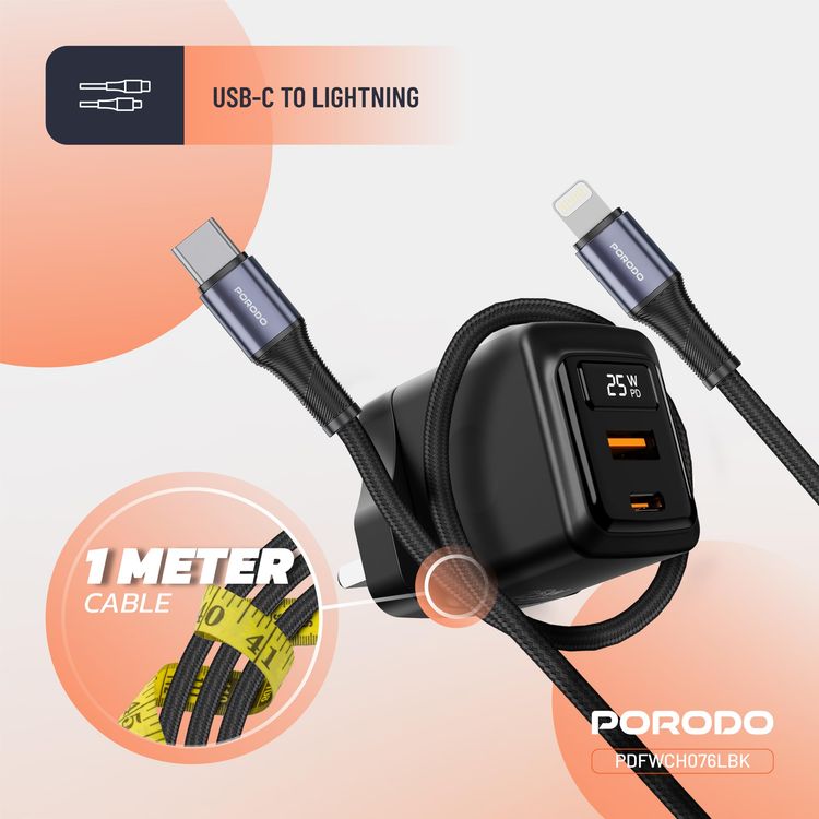 Porodo Multi-Port Charger PDFWCH073CBK - 100W GaN, 2x USB-C & USB-A, Black
