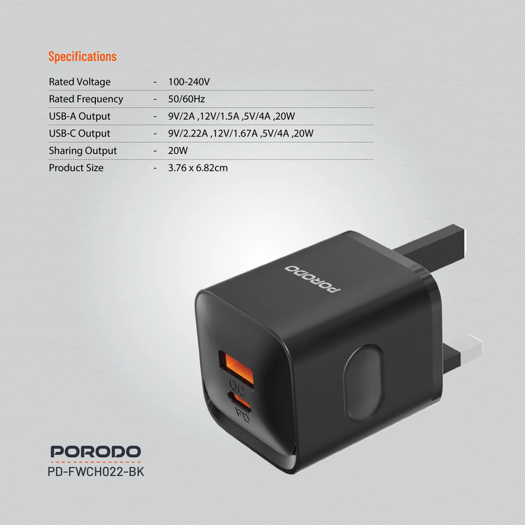 Porodo Wall Charger PDFWCH022BK - Dual Port 20W, Black