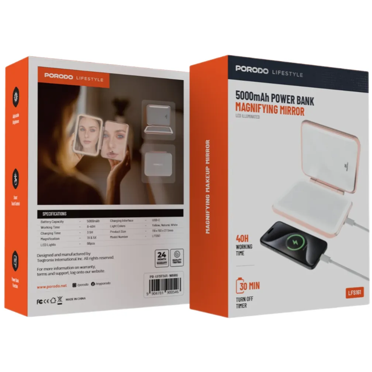 Porodo Power Bank 5000mAh PD-LFST161-WHRG - Magnifying Makeup Mirror, LED