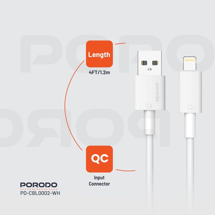 Porodo USB-A to Lightning Cable PDCBL0002WH - 3M, Fast Charging, White