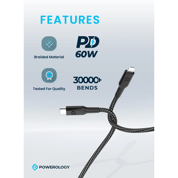 Powerology USB-C to Lightning Cable PCAB006BK - Braided 30cm, Black