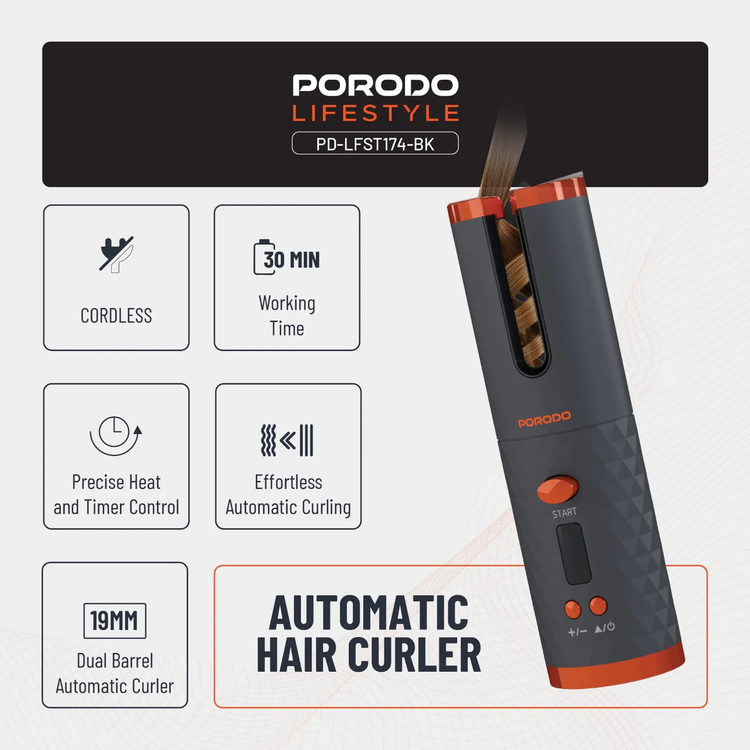 Porodo Hair Curler PDLFST174BK - Automatic Cordless, Black