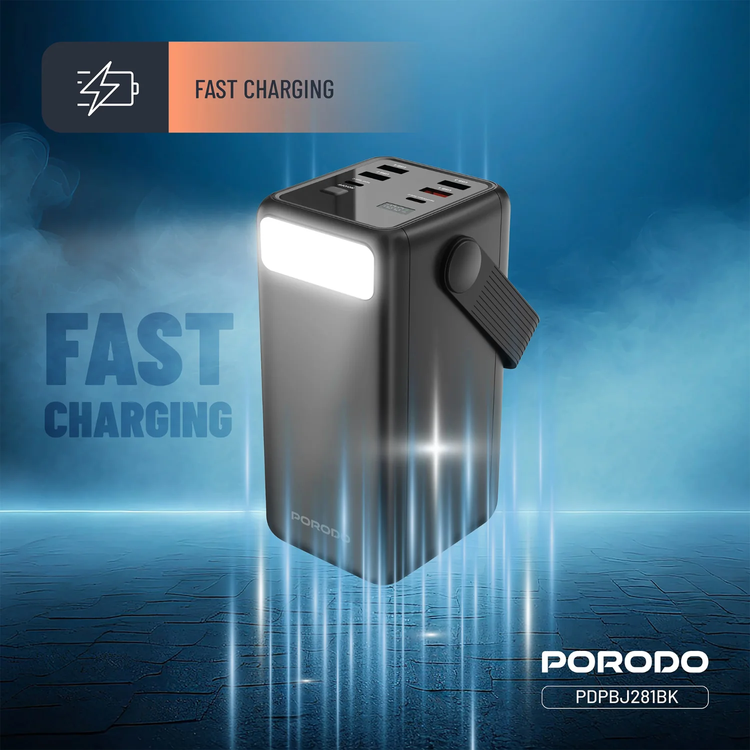 Porodo Lara 50000mAh Power Bank with Integrated Cables & Flashlight, PDPBJ281BK - Black