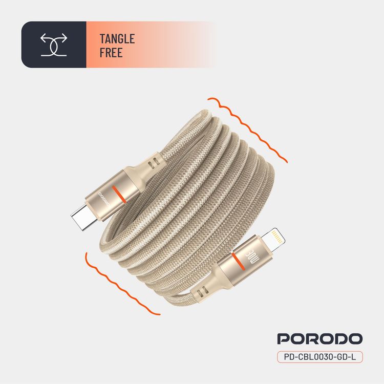 Porodo Magnetic Braided Cable PD-CBL0030-GD-L - 30W PD, Type-C to Lightning, Gold