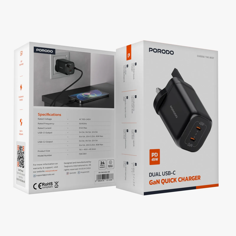 Porodo Dual USB-C Quick Charger PDFWCH064BK - 45W, Black