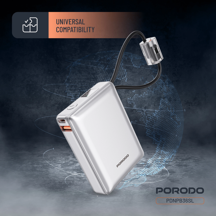 Porodo Power Bank Petite PDNPB36SL - 10000mAh, Type-C & Lightning, Silver