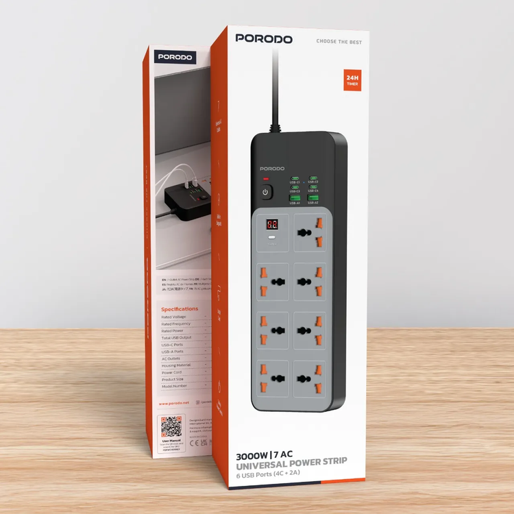 Porodo Power Strip PDFWCH099GY - 7 AC Outlets, 6 USB Ports, Grey