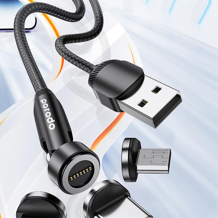 Porodo Magnetic 3in1 Braided Cable PD-31MGC-BK - Rotating Connector, Black