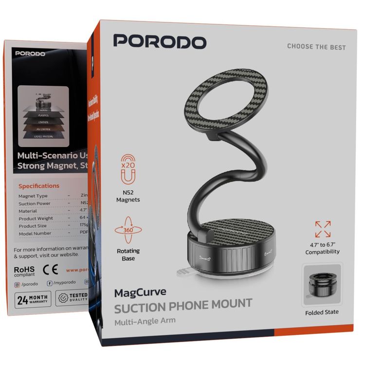 Porodo Phone Mount MagCurve PDPH0H3BK - Magnetic Suction, 360° Rotation, Black