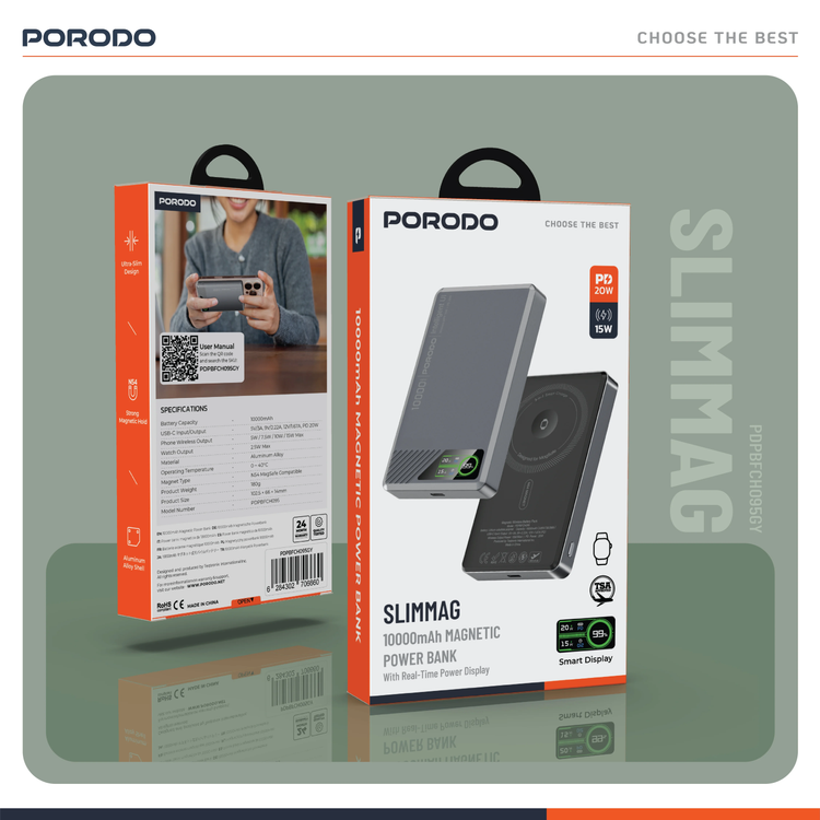 Porodo Power Bank SlimMag PDPBFCH095GY - 10000mAh, Gray