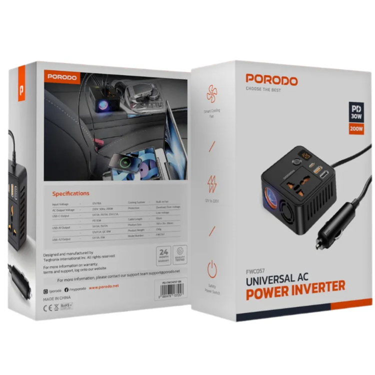 Porodo Power Inverter - 200W, PD 30W USB-C, Black