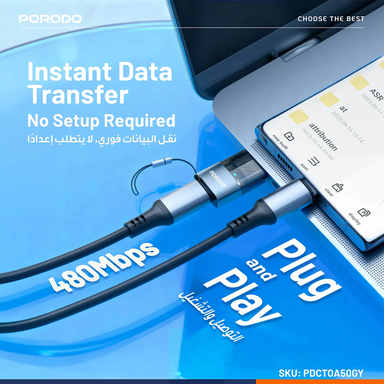 Porodo MiniLink USB-C to USB-A OTG Adapter PDCTOA50 - Grey