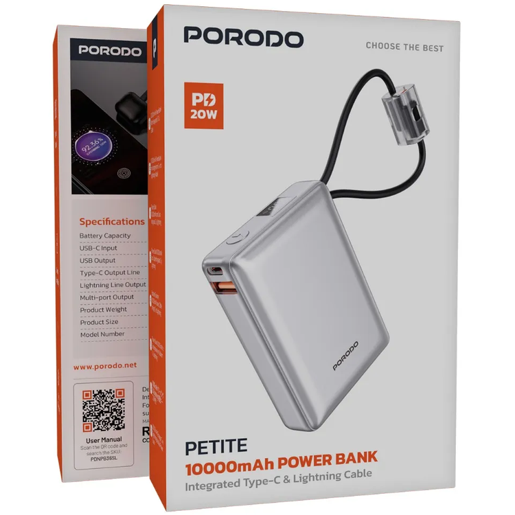 Porodo Power Bank Petite PDNPB36SL - 10000mAh, Type-C & Lightning, Silver