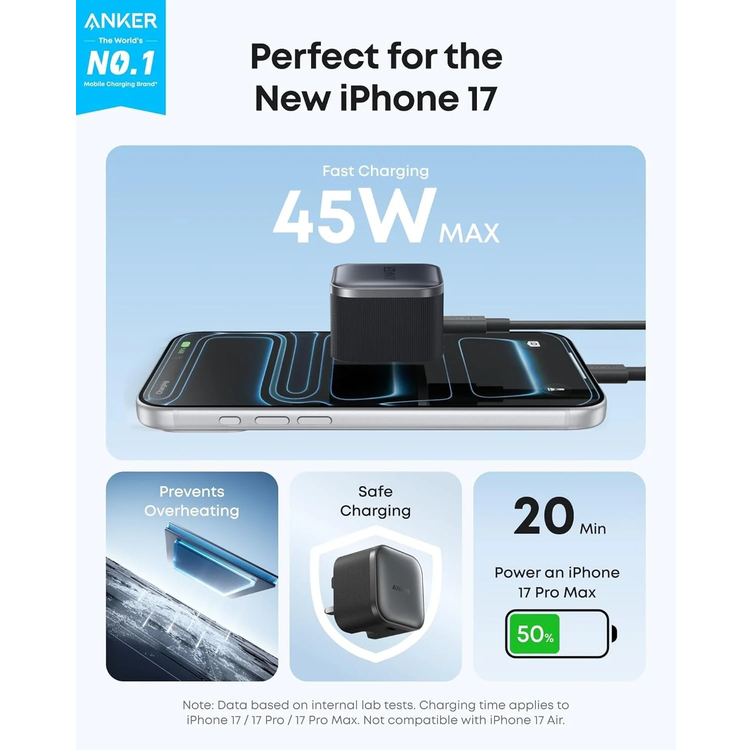 Anker Nano 45W Wall Charger, B2692K11 - USB-C, Foldable Plug, Black