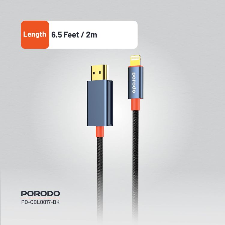 Porodo Lightning to HDMI Cable PD-CBL0017-BK - 2m, 1080P, Black