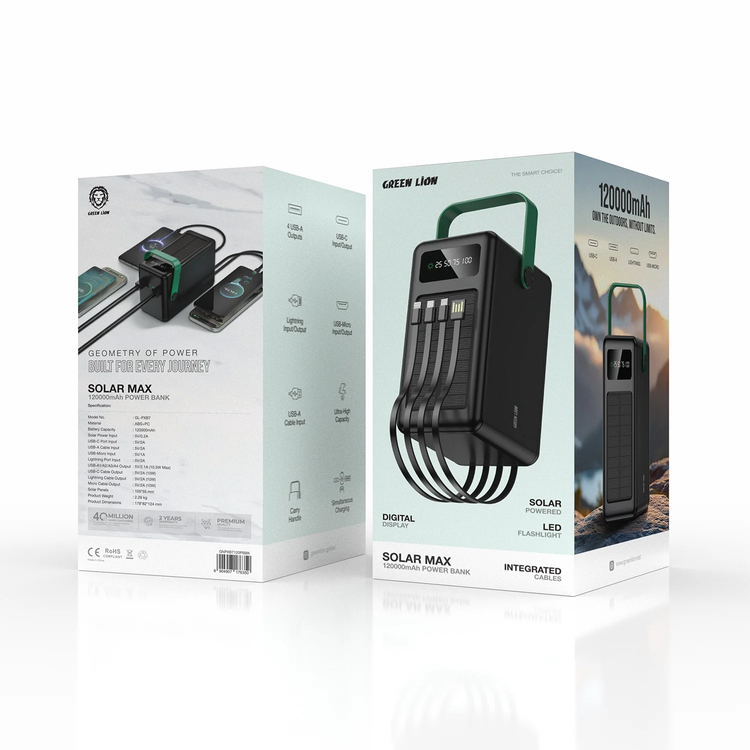 Green Lion باور بانك GL-PXB7 - 120000mAh شمسي، أسود