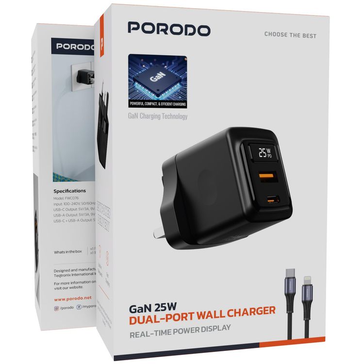 Porodo Multi-Port Charger PDFWCH073CBK - 100W GaN, 2x USB-C & USB-A, Black