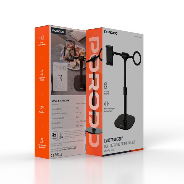 Porodo Dual Phone Holder PDTS18BBK - 360° Rotating, Magnetic Clip, Black