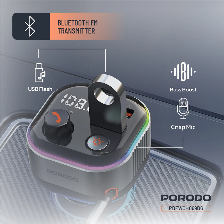 Porodo Bluetooth FM Transmitter & 65W PD Car Charger PDFWCH069DG - Retractable Type-C, Dark Gray