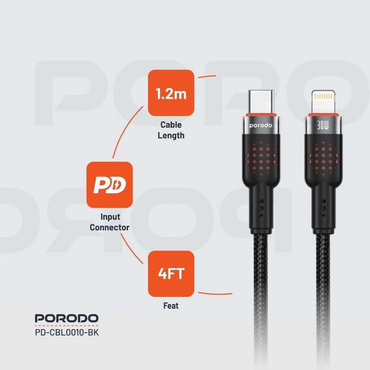 Porodo USB-C to Lightning Cable PDCBL0010BK - 1.2m, 30W Fast Charge, Black