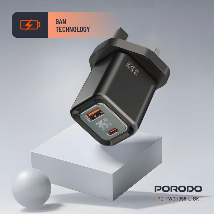 Porodo Charger PDFWCH058CBK - 35W PD GaN, USB-A & USB-C, Digital Display