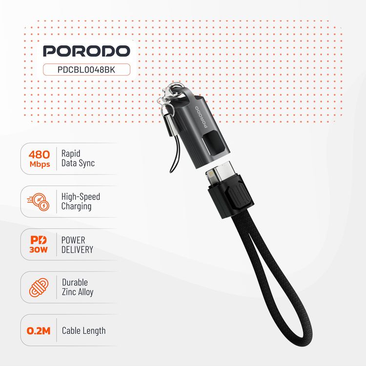 Porodo ChargeLoop USB-C to USB-C Cable PDCBL0048BK - 30W Fast Charge, Black