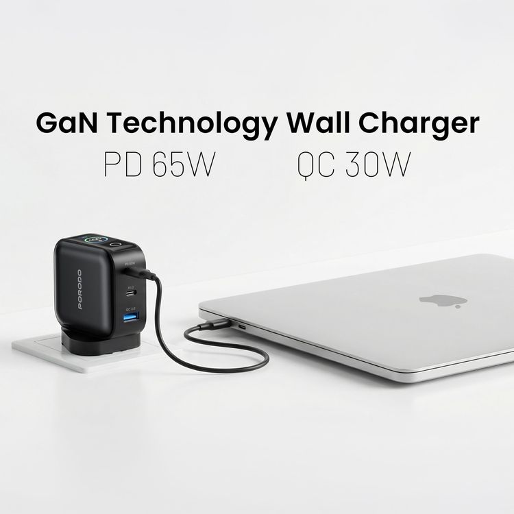 Porodo GaN Charger PDWCP5265BK - 65W 3-Port with LCD Display, Black