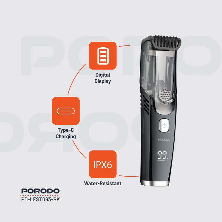 Porodo Hair Trimmer PD-LFST063-BK - Cordless, IPX6 Water-Resistant, Black