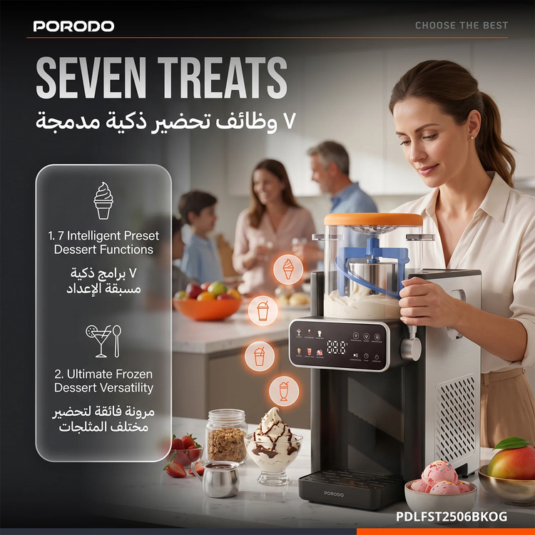 Porodo Frappé Ice Cream & Slushie Maker with 7 Modes, PDLFST2506BKOG - Black/Orange