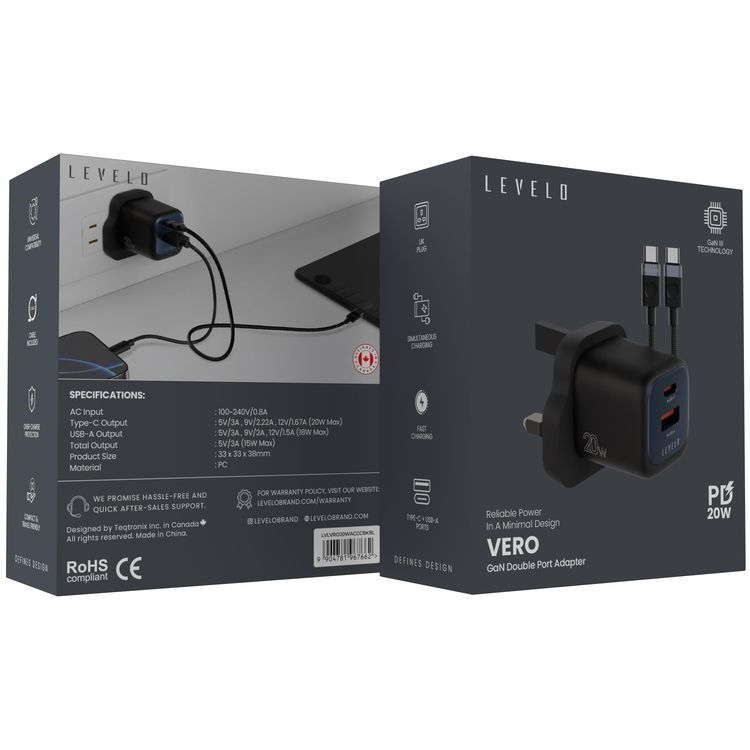 LEVELO Charger Vero - 20W PD GaN, Type-C & Type-A, Black