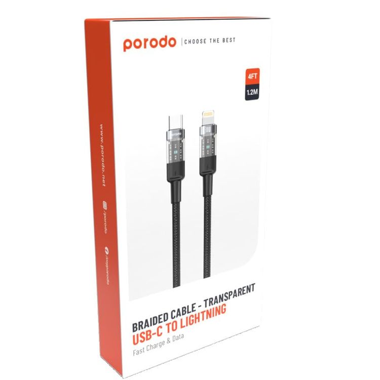 Porodo USB to Lightning Cable PD-30WCLTH-BK - 30W Fast Charging, 1.2M, Black
