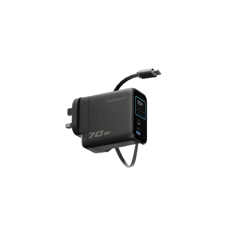 Powerology TFT Adapter PWCUQC70WBK - 70W, Retractable Type-C Cable, Black